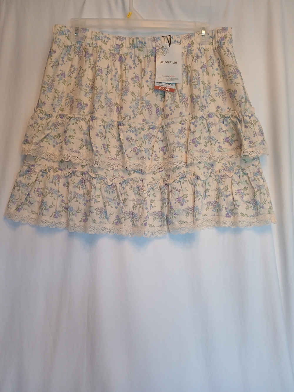 Bridgerton Blue & Cream Floral Tiered Lace Pull On Mini Skirt XL New!